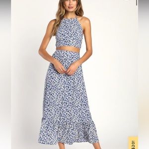 Blue white coral midi two piece / separate halter dress